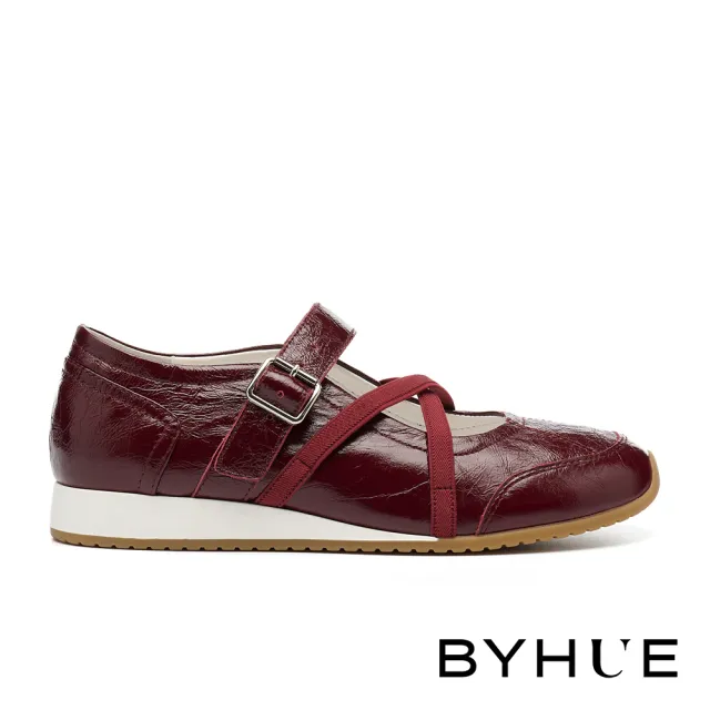 【BYHUE】率性優雅交叉鬆緊帶牛皮軟芯瑪莉珍厚底休閒鞋(紅)