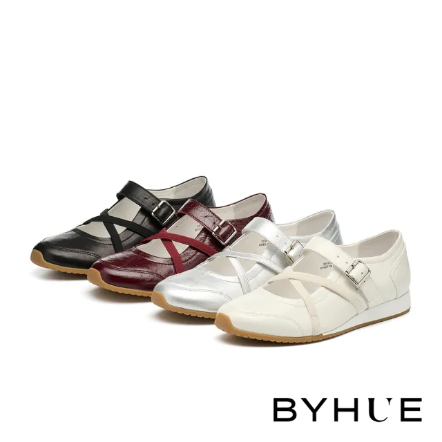 【BYHUE】率性優雅交叉鬆緊帶牛皮軟芯瑪莉珍厚底休閒鞋(紅)