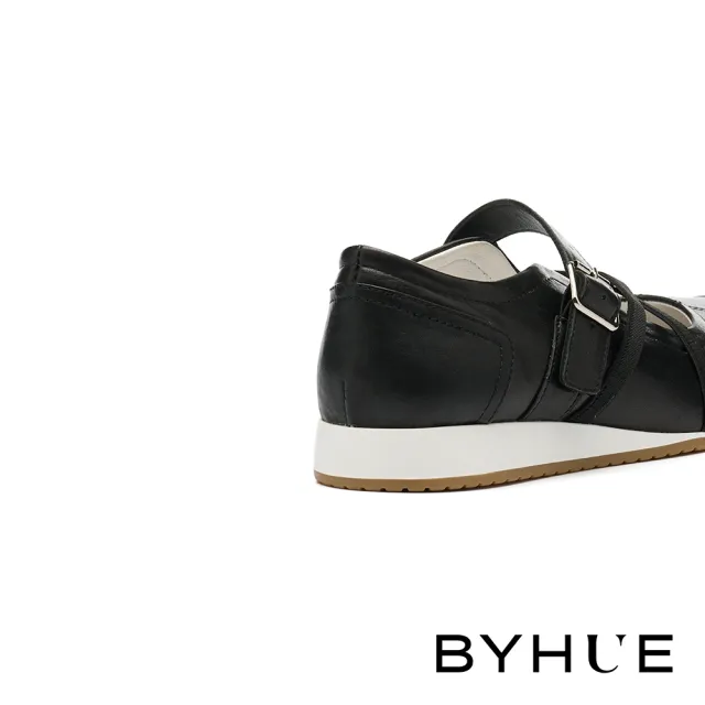 【BYHUE】率性優雅交叉鬆緊帶牛皮軟芯瑪莉珍厚底休閒鞋(黑)