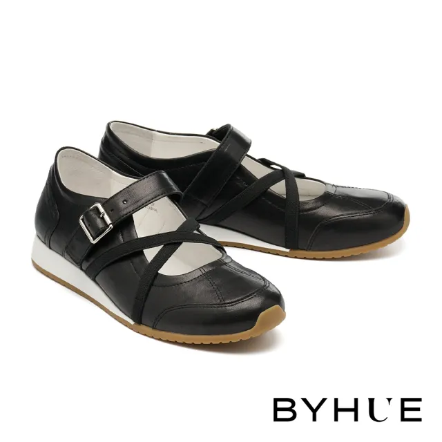 【BYHUE】率性優雅交叉鬆緊帶牛皮軟芯瑪莉珍厚底休閒鞋(黑)