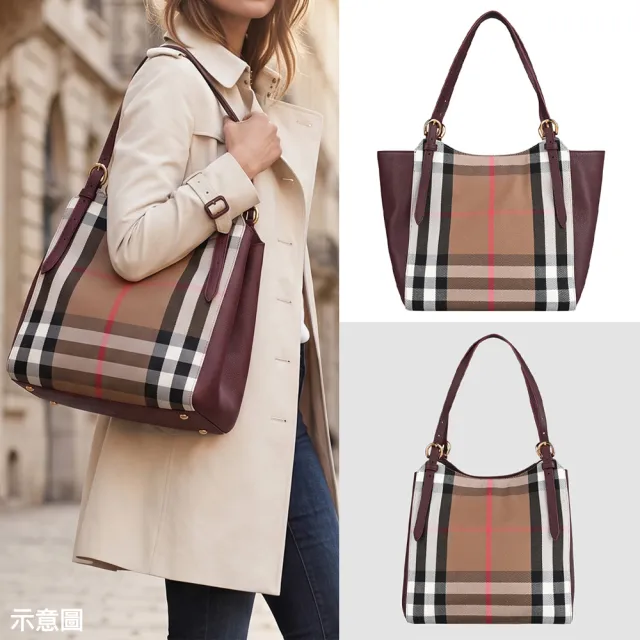 【BURBERRY 巴寶莉】BURBERRY 棉帆布CANTERBY系列牛皮磁吸釦肩背包(典藏米x多色)