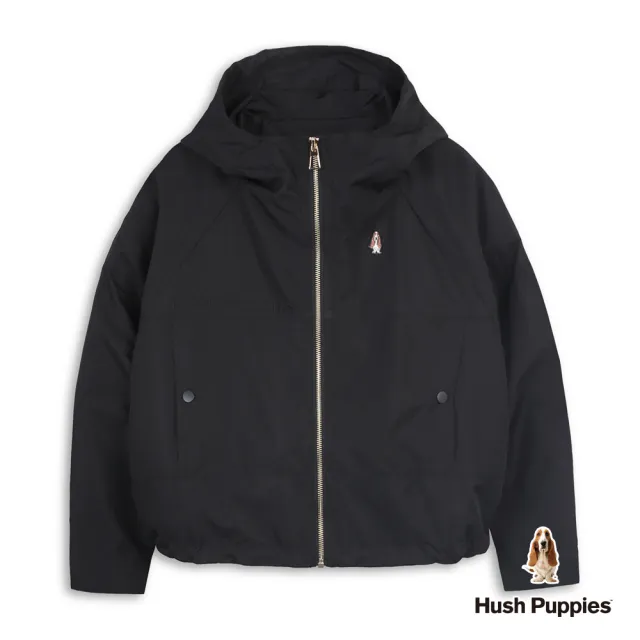 【Hush Puppies】女裝 外套 素色刺繡小狗連帽外套 (黑色 / 64217108)