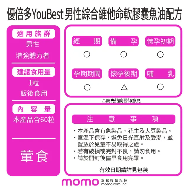 【杏輝醫藥】優倍多YouBest 男性綜合維他命軟膠囊魚油配方(60粒/盒-添加鋅.維持生殖機能.增強體力)