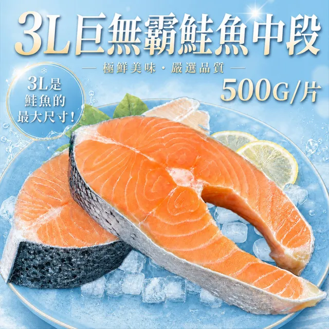 【優鮮配】巨無霸鮭魚500g X6片｜腹部中段 /P級智利鮭魚/單片真空