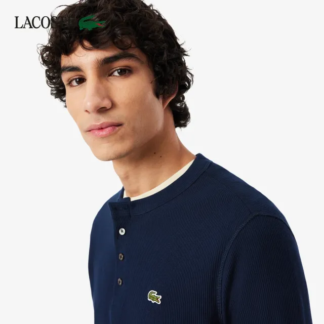 【LACOSTE】男款-華夫格亨利領長袖T恤(海軍藍)
