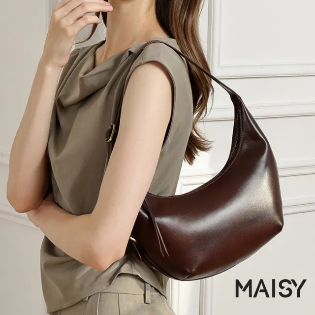 【MAISY】復古個性真皮亮澤質感牛角包 腋下包 單肩包(米白色 / 巧克力 / 黑色)