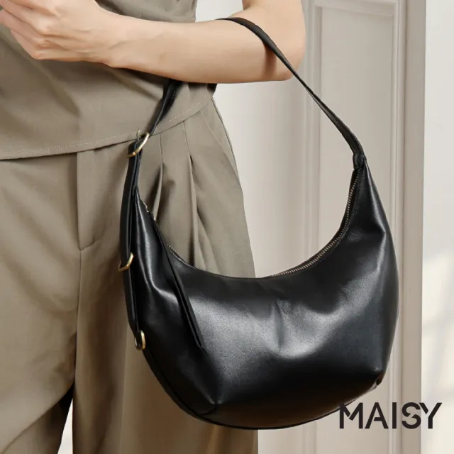 【MAISY】復古個性真皮亮澤質感牛角包 腋下包 單肩包(米白色 / 巧克力 / 黑色)