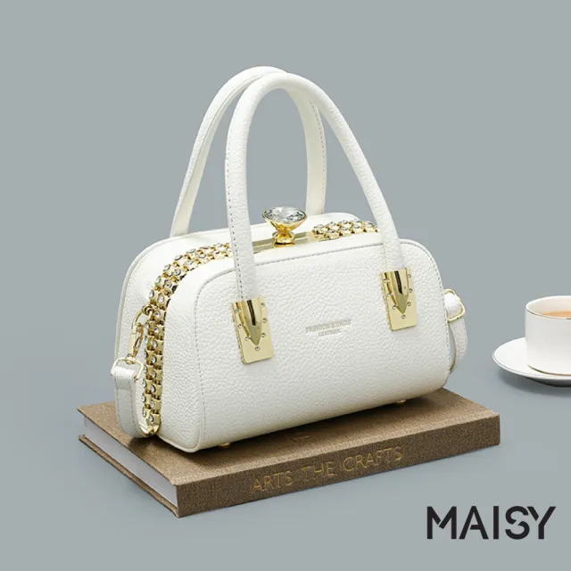 【MAISY】名媛鑽扣輕奢多用質感波士頓包 手提包 斜跨包(白色 / 卡其色 / 藍色 / 棕色 / 黑色)
