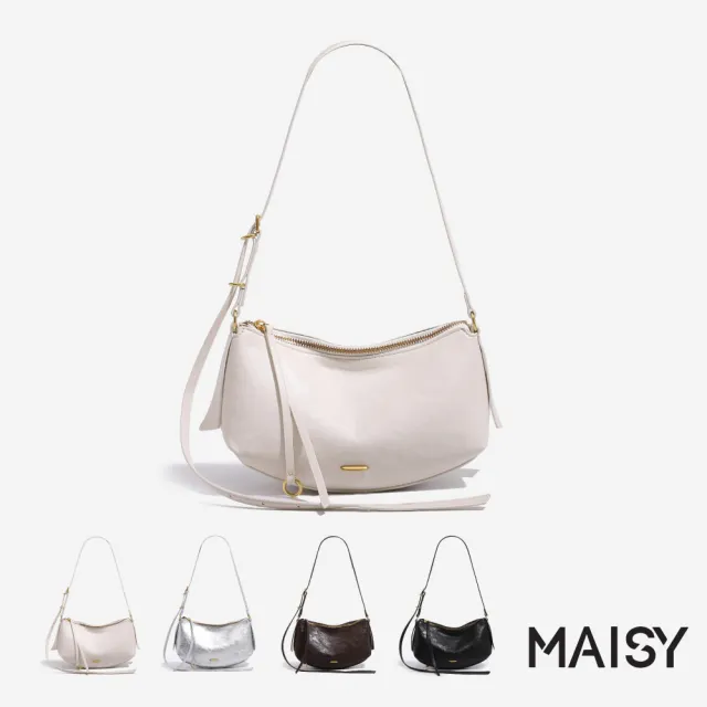 【MAISY】摩登時尚啞光質感真皮單肩包 水餃包 斜跨包(米白色 / 月光銀 / 巧克力 / 經典黑)