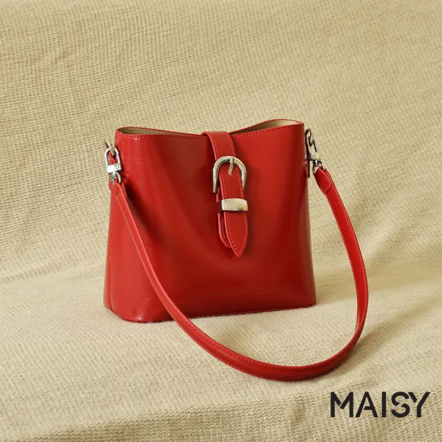 【MAISY】韓系個性亮澤真皮質感銀扣水桶包 單肩包 斜跨包(白色 / 藍色 / 紅色 / 黑色)