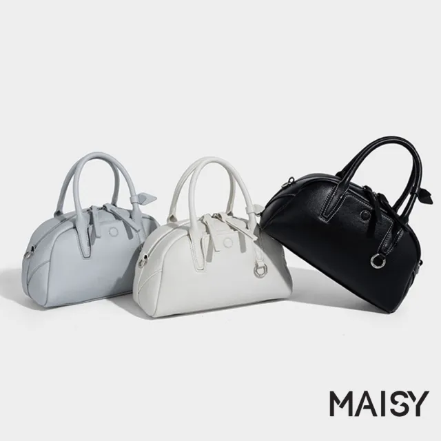 【MAISY】真皮百搭純色細膩荔枝紋波士頓斜跨包 保齡球包 手提包(米白色 / 藍色 / 咖色 / 黑色)