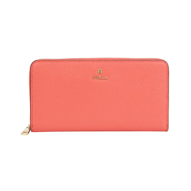 【FURLA 芙拉】FURLA精品金屬LOGO荔枝紋牛皮大容量拉鍊長夾(12卡/橘X灰)