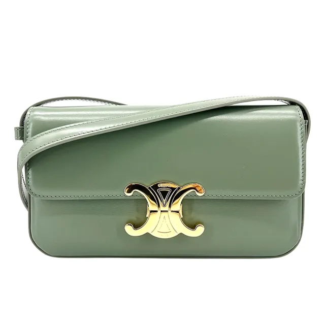 【CELINE】展示品 Triomphe 金釦牛皮凱旋口蓋肩背包(草綠)