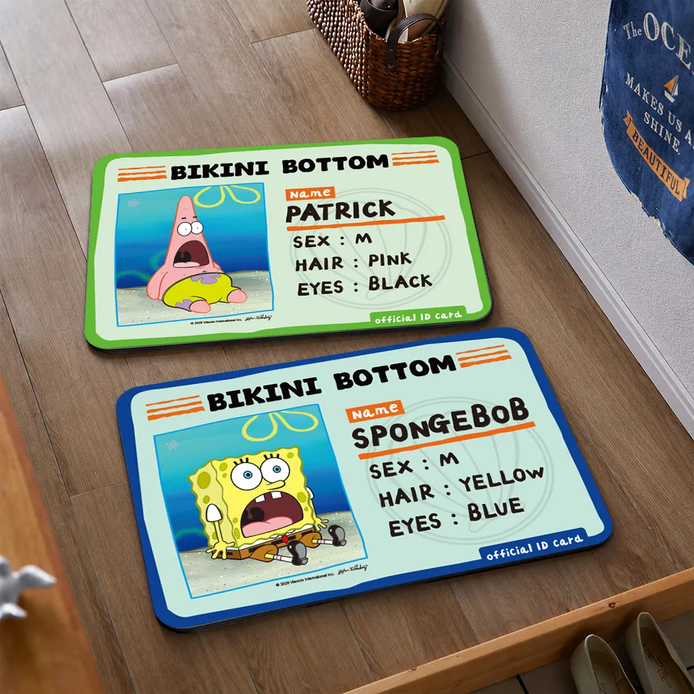 【SpongBob 海綿寶寶】2條組-比奇堡居民吸水皮革止滑地墊-(海綿寶寶派大星身分證 0.4公分特薄)