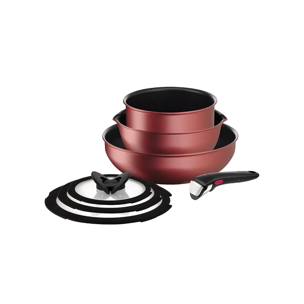 【Tefal 特福】法國製巧變精靈系列可拆式不沾鍋3鍋7件組-寶石紅(IH爐可用鍋/電磁爐適用)