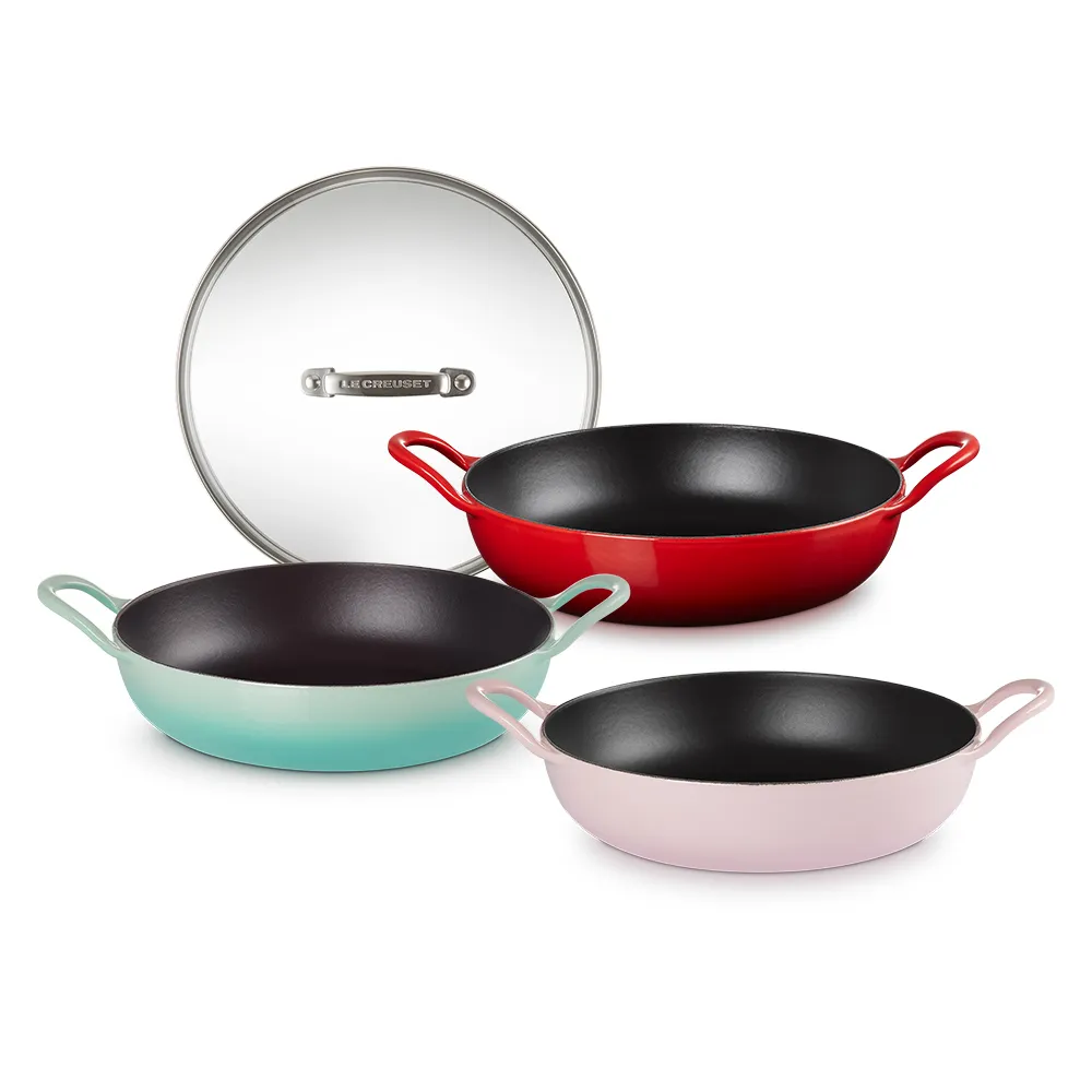 【Le Creuset】琺瑯鑄鐵BBQ鐵烤盤 26cm 櫻桃紅/雪紡粉/薄荷綠 3色選1(贈 玻璃鍋蓋 26cm)
