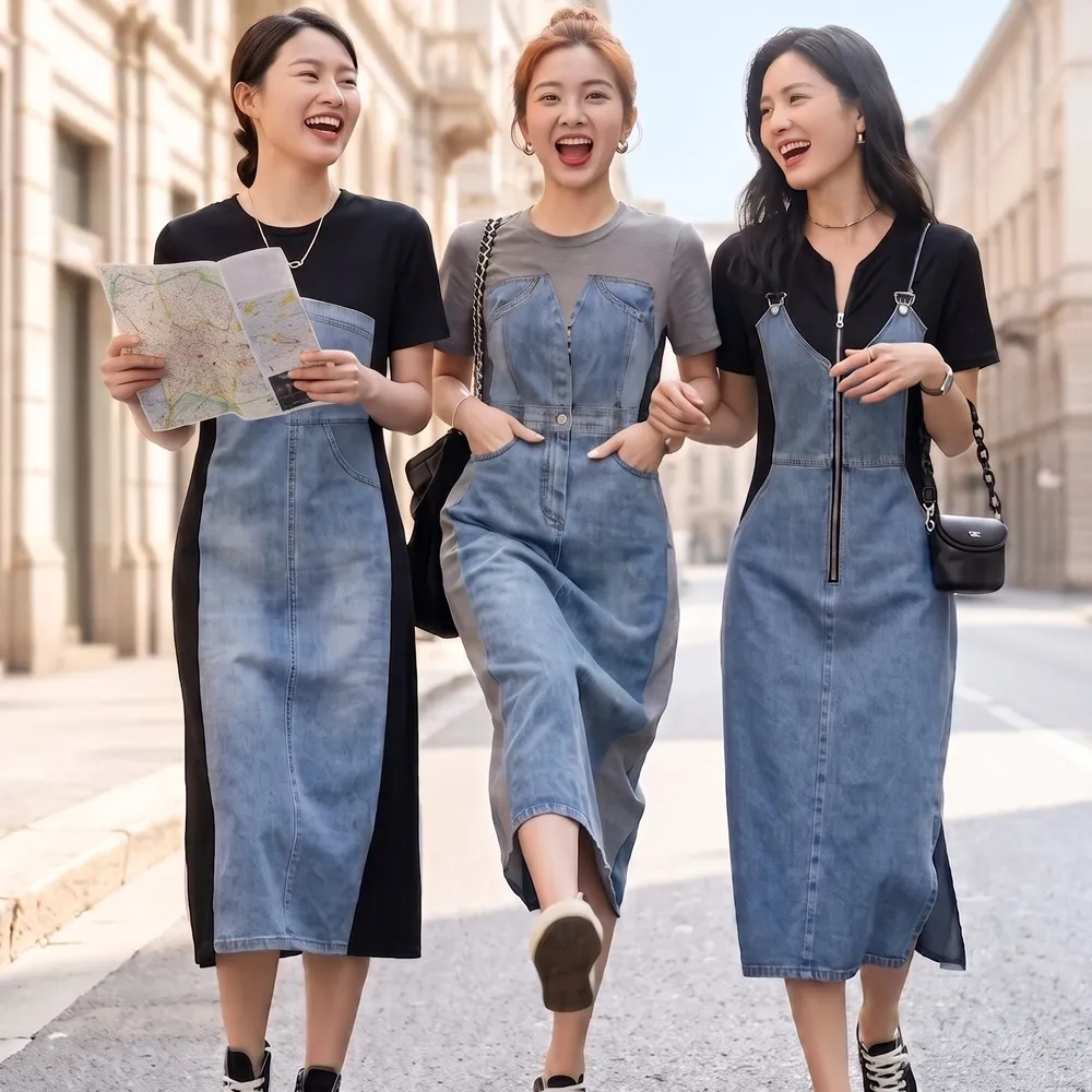 【米蘭精品】現貨限搶 連身裙短袖洋裝(牛仔拼接收腰中長款女裙子4款74km53)