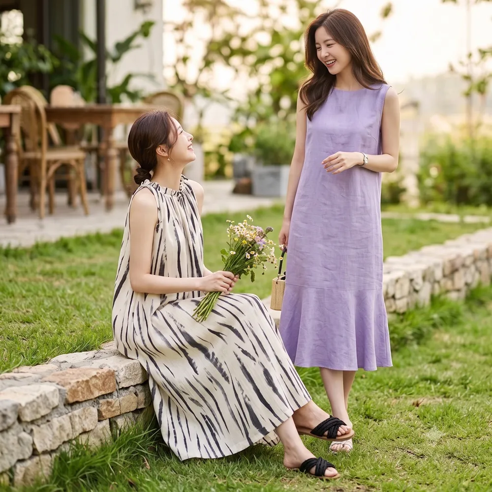 【米蘭精品】多款現貨限搶 洋裝無袖連身裙大尺碼女裝連衣裙(亞麻棉麻休閒長裙顯瘦魚尾女裙子多款74kf18)