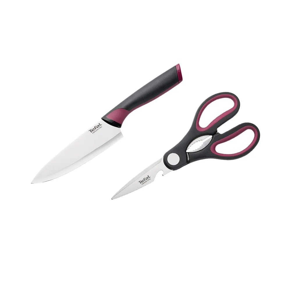 【Tefal 特福】不鏽鋼系列主廚刀15CM+廚房剪刀(2件組-紅)