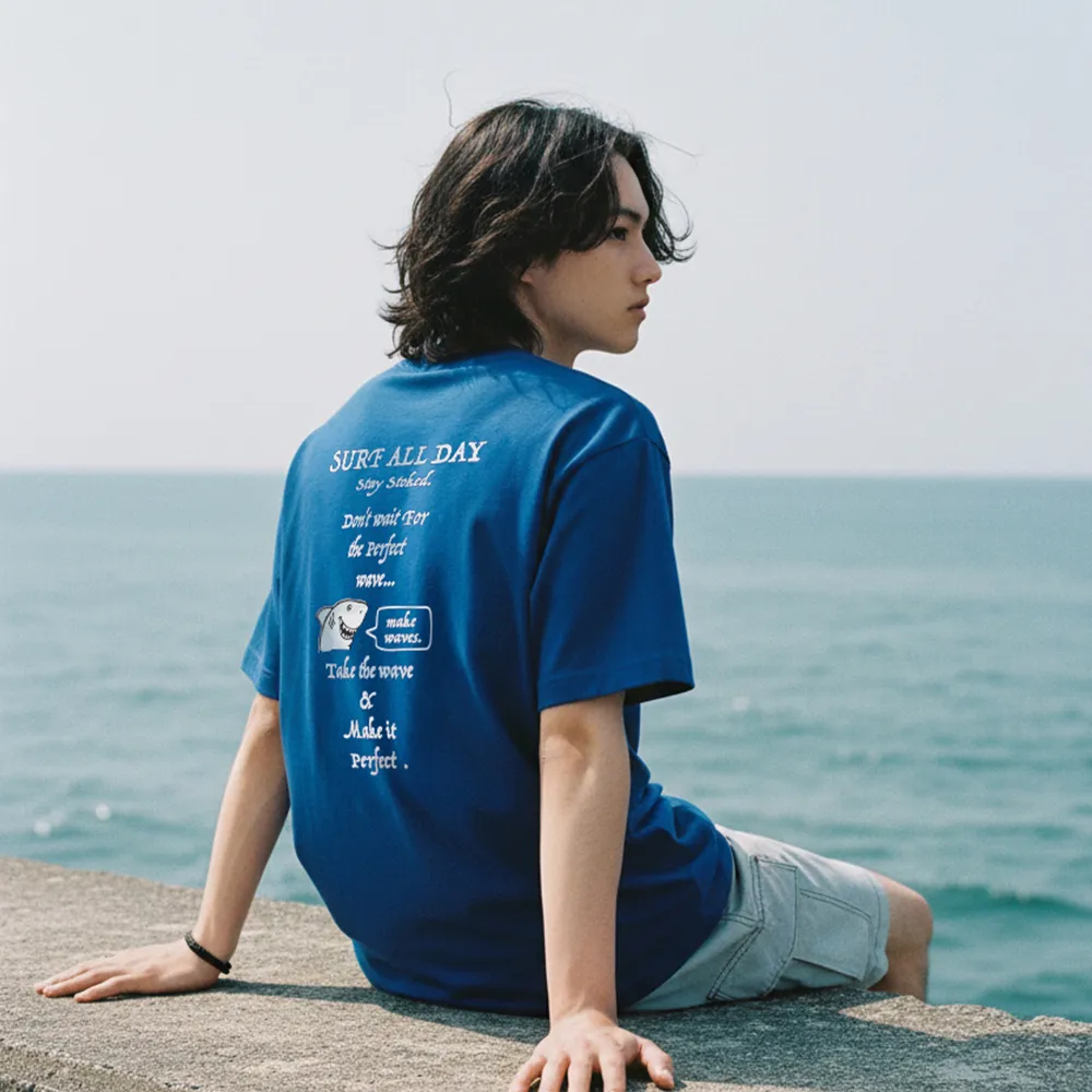 【CACO】涼感-衝浪標語鯊魚短T-二色(L1NA072)