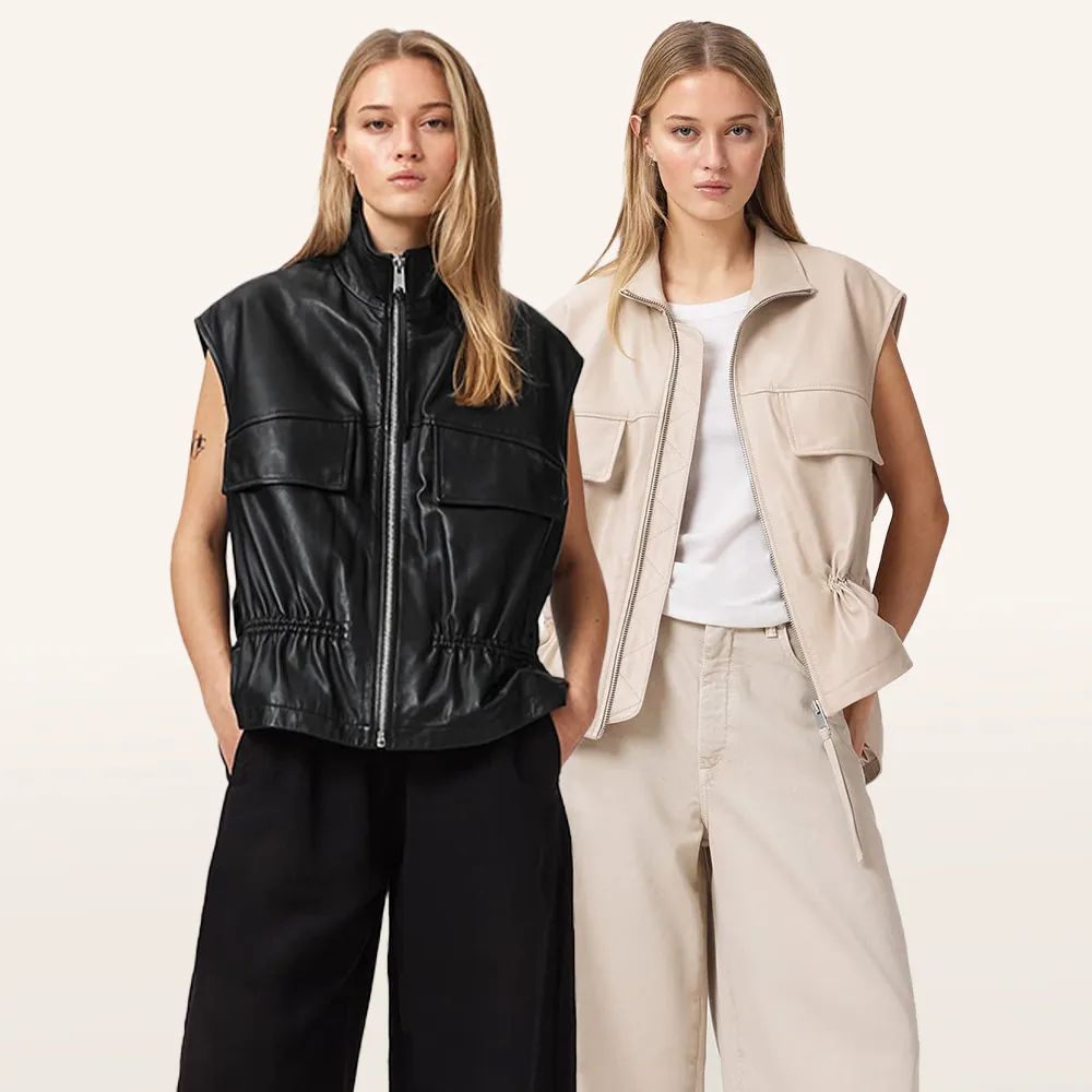 【ALLSAINTS】FLOR 寬鬆羊皮背心-黑米兩色 W095LE(寬鬆版型)