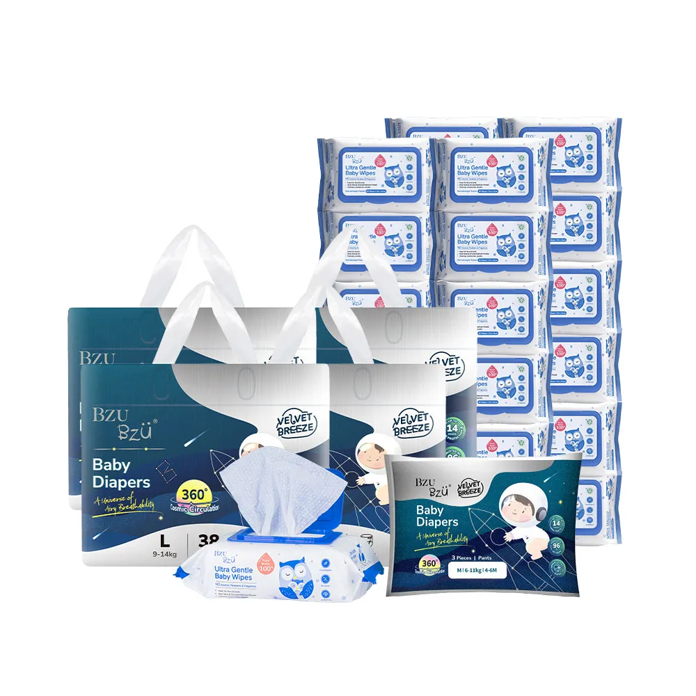 【BZU BZU】絲柔乾爽紙尿褲/尿布+濕巾獨家組II(褲型尿布*4袋+純水濕紙巾*24包/箱+尿布-3片裝*1)送禮首選