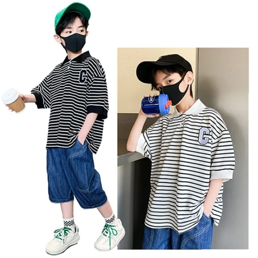 【橘魔法】條紋字母貼布翻領網眼POLO衫 男童 兒童 童裝 乾爽 排汗 短袖上衣