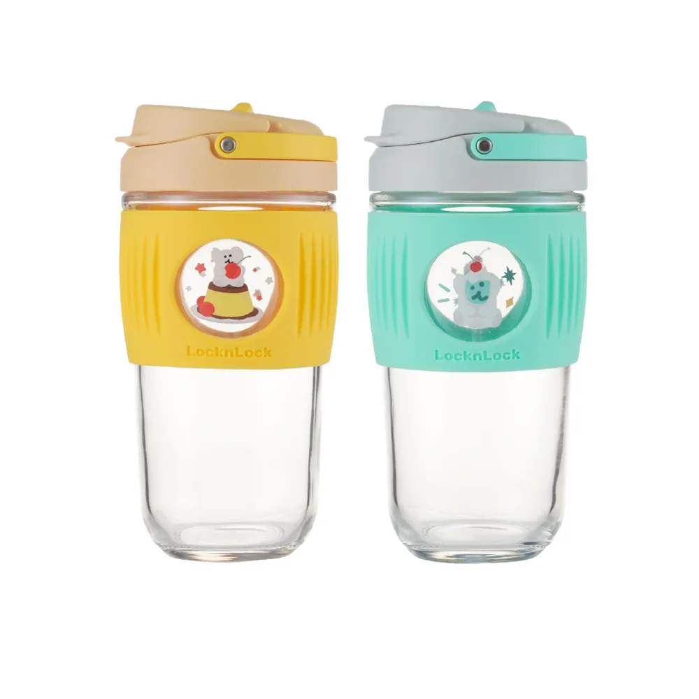 【LocknLock 樂扣樂扣】官方直營 呆萌町系列 清新手提耐熱玻璃隨行杯 500ml(兩色任選/短尾矮袋鼠/玻璃杯)