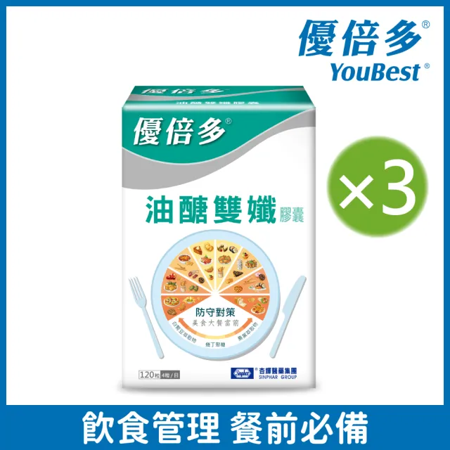 【YouBest 優倍多】油醣雙孅膠囊 3入(共360粒-白腎豆/桑葉/甲殼素/綠茶萃取物)