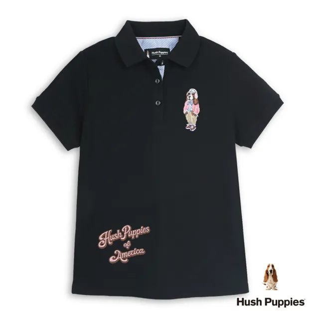 【Hush Puppies】女裝 POLO衫 棒球帽狗刺繡POLO衫 (黑色 / 64201101)