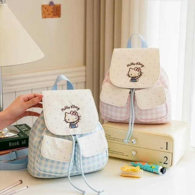 【HELLO KITTY】雙11 凱蒂貓卡通刺繡格紋束口雙肩後背包(小背包/女包)