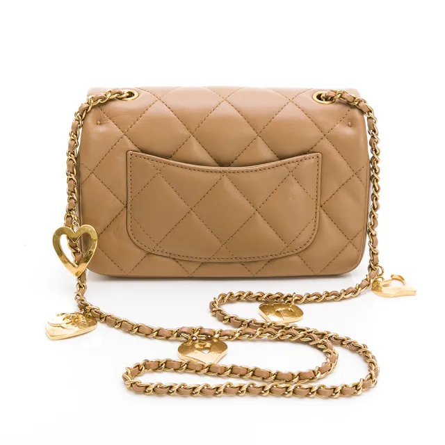 【CHANEL 香奈兒】Mini Flap bag (細紋/暗黃皮革色/金&暗黃皮革雙色愛心鏈帶)