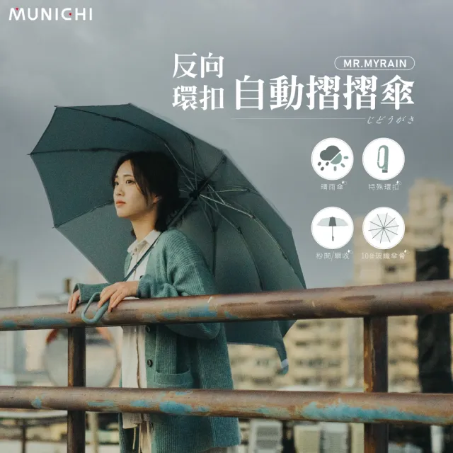 【MUNICHI 沐尼黑】反向環扣自動摺摺傘 雨傘 自動傘 摺疊傘 輕量傘 梅雨 晴雨兩用 快乾 防潑水 MR.MYRAIN