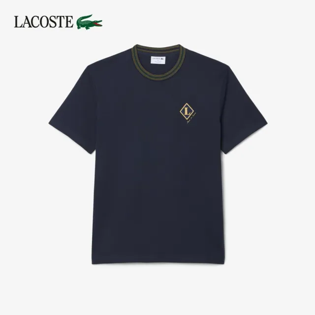 【LACOSTE】男款-法國製徽章條紋短袖T恤(海軍藍)