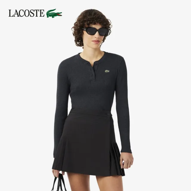 【LACOSTE】女款-亨利領羅紋長袖T恤(黑色)