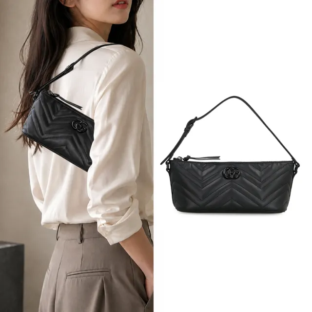 【GUCCI 古馳】739166 經典Marmont系列黑釦絎縫牛皮手提肩背包腋下包(黑色)