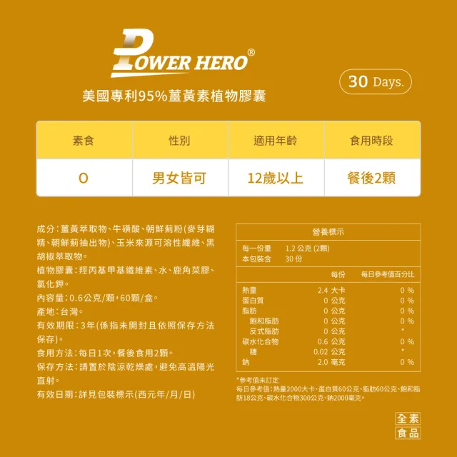 【PowerHero 勁漢英雄】美國專利95%薑黃素x1盒(60顆/盒、法國朝鮮薊萃取物、專利黑胡椒鹼萃取、牛磺酸)