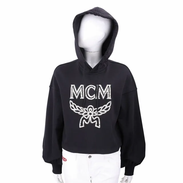【MCM】LOGO 冰裂字母標誌黑色澎袖連帽運動衫 大學T(女裝 衛衣 長袖 上衣)