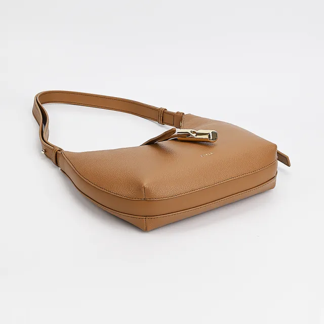 【FURLA 芙拉】FURLA 燙金LOGO GOCCIA系列小牛皮拉鍊肩背包(S號/褐)