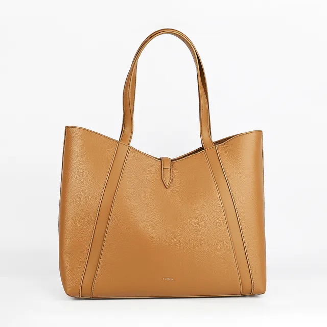【FURLA 芙拉】FURLA 燙金LOGO Goccia系列小牛皮垂掛帶開口式手提/肩背托特包(L/焦糖棕)