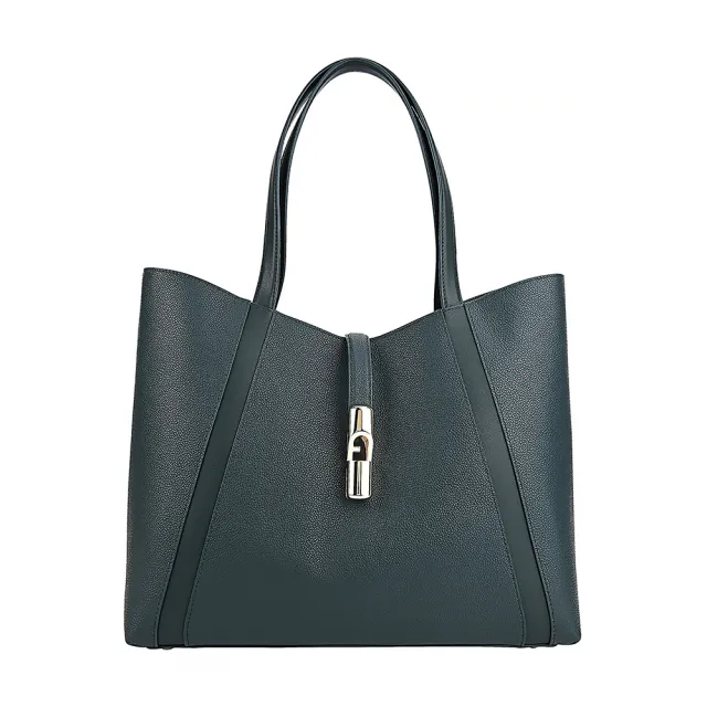 【FURLA 芙拉】FURLA 燙金LOGO Goccia系列小牛皮垂掛帶開口式手提/肩背托特包(L/墨綠)