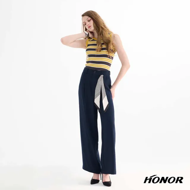 【HONOR 山形屋】條紋綁帶飾單釦高腰寬褲-白/藍