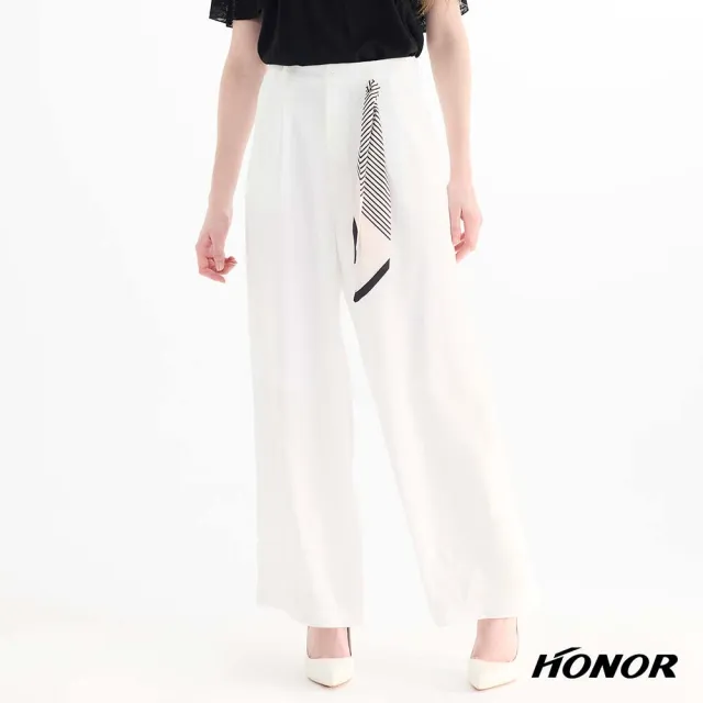 【HONOR 山形屋】條紋綁帶飾單釦高腰寬褲-白/藍
