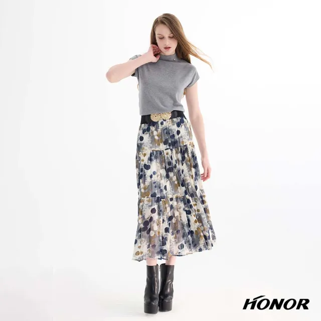 【HONOR 山形屋】水彩風印花飄逸層次長裙-藍/綠