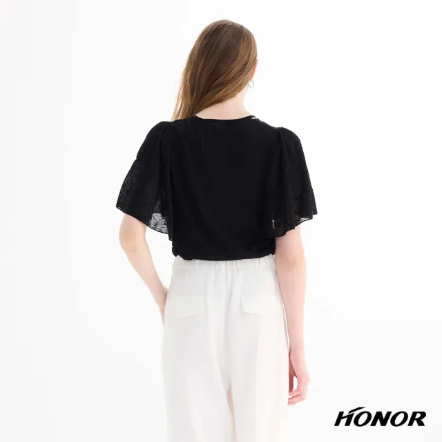 【HONOR 山形屋】亮鑽滾邊V領鏤空寬袖針織上衣-黑/杏
