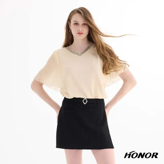 【HONOR 山形屋】亮鑽滾邊V領鏤空寬袖針織上衣-黑/杏