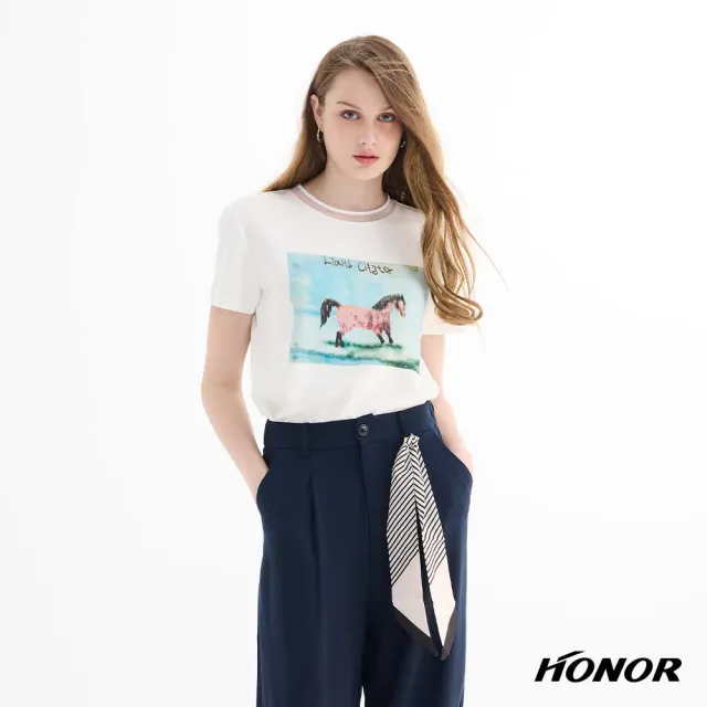 【HONOR 山形屋】水彩馬圖印花短袖上衣-白/黑