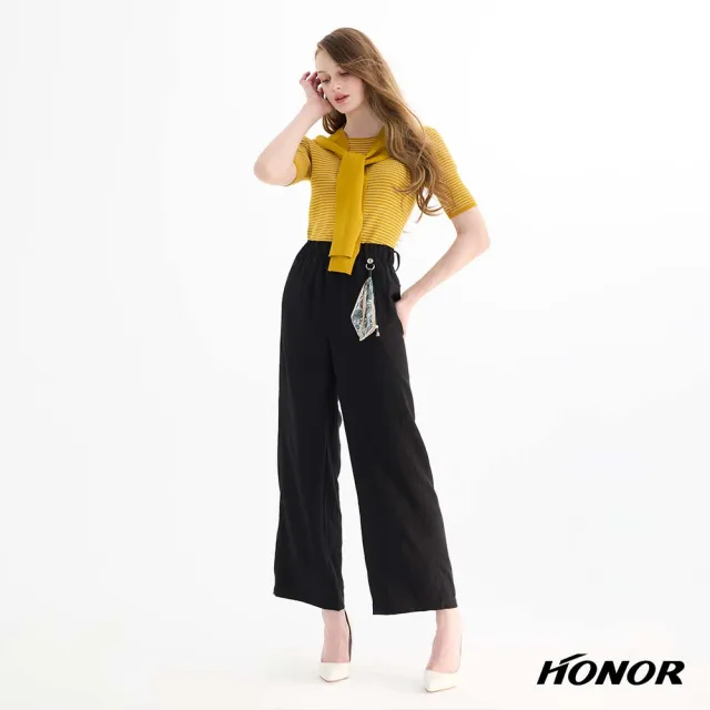 【HONOR 山形屋】細條紋針織披肩兩件式上衣-灰/黃