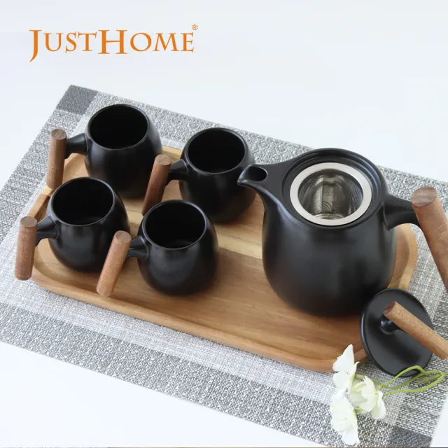Just Home】侘寂墨韻陶瓷茶具6件禮盒組-1壺4杯+托盤(茶具組茶壺茶杯組
