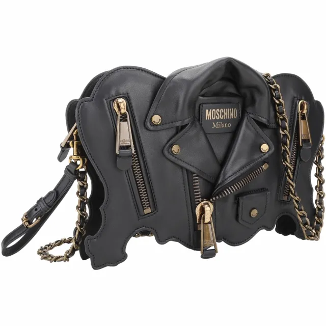 【MOSCHINO】Biker 仿舊金屬夾克造型可拆鍊帶羊皮手拿 肩背包(黑色 兩用包 鍊條包 真皮)